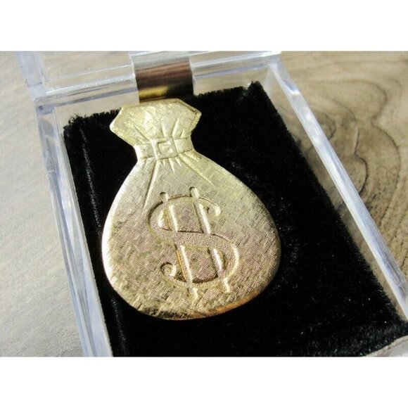 Money Bag Money Clip Textured Gold Tone Cash ID Holder Boxed - Picture 3 of 5